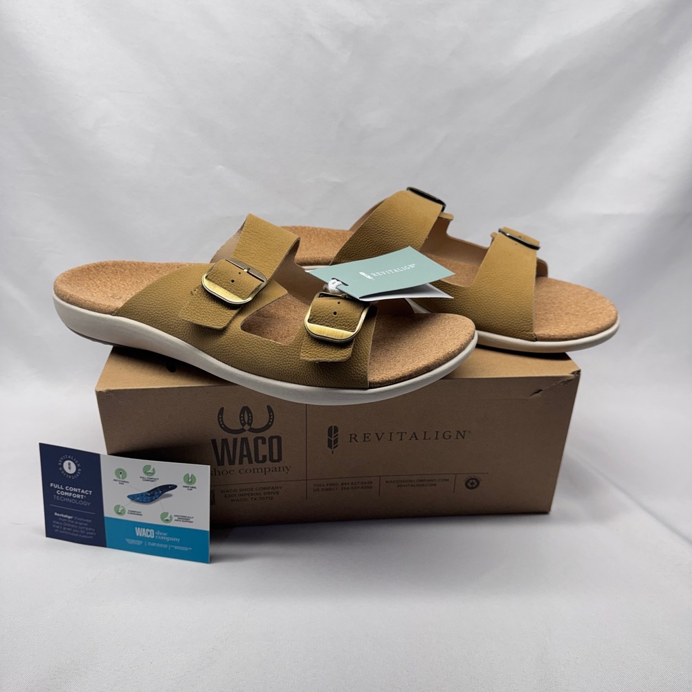 Revitalign Paxton Sandal Men 12D Tan Double Buckle Slide Orthotic Comfort Casual